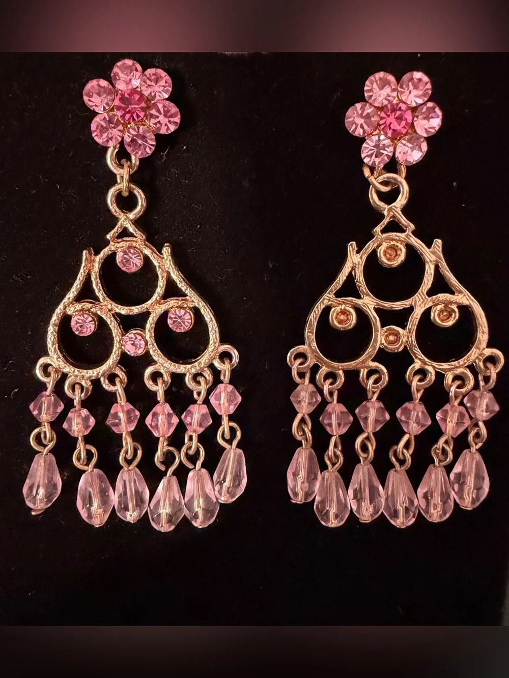 Susan Lucci Pink Rhinestone Chandelier Earrings Gold Tone Dangle Statement